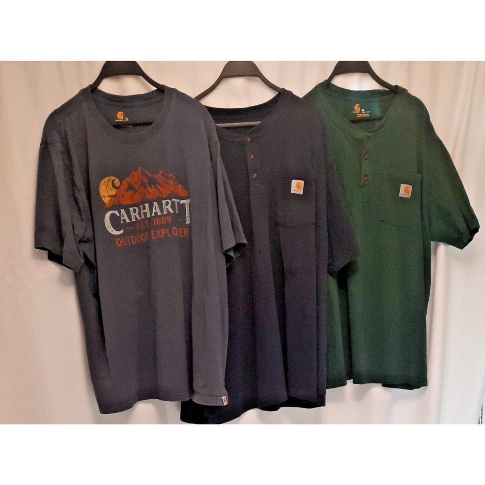 3 Carhartt XL Lot: 2 Henleys w/pockets-green navy and 1 T shirt blue graphic